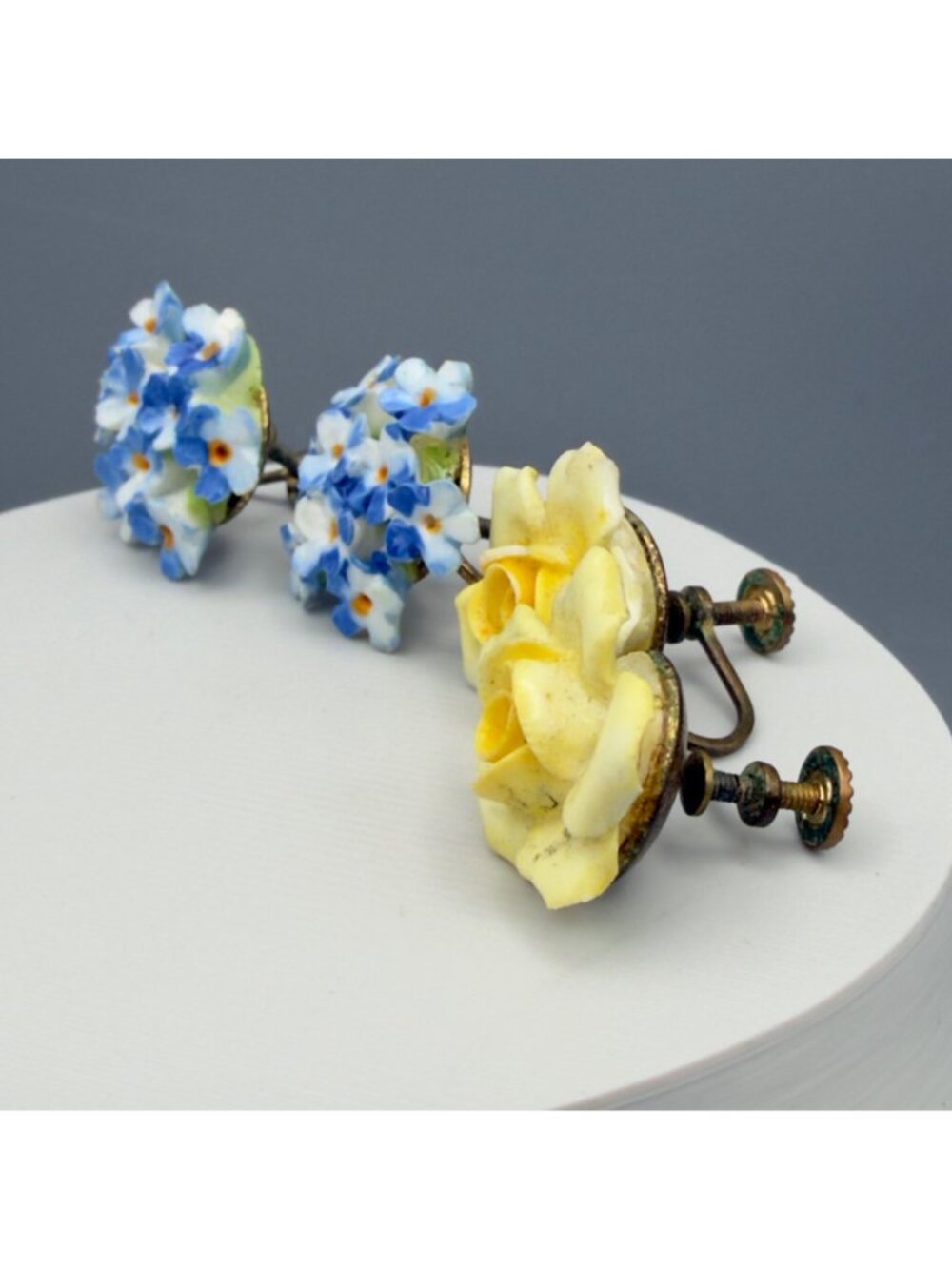 Vintage Denton England Blue Yellow Porcelain Flower Cluster Earrings Set of 2 - Picture 3 of 14